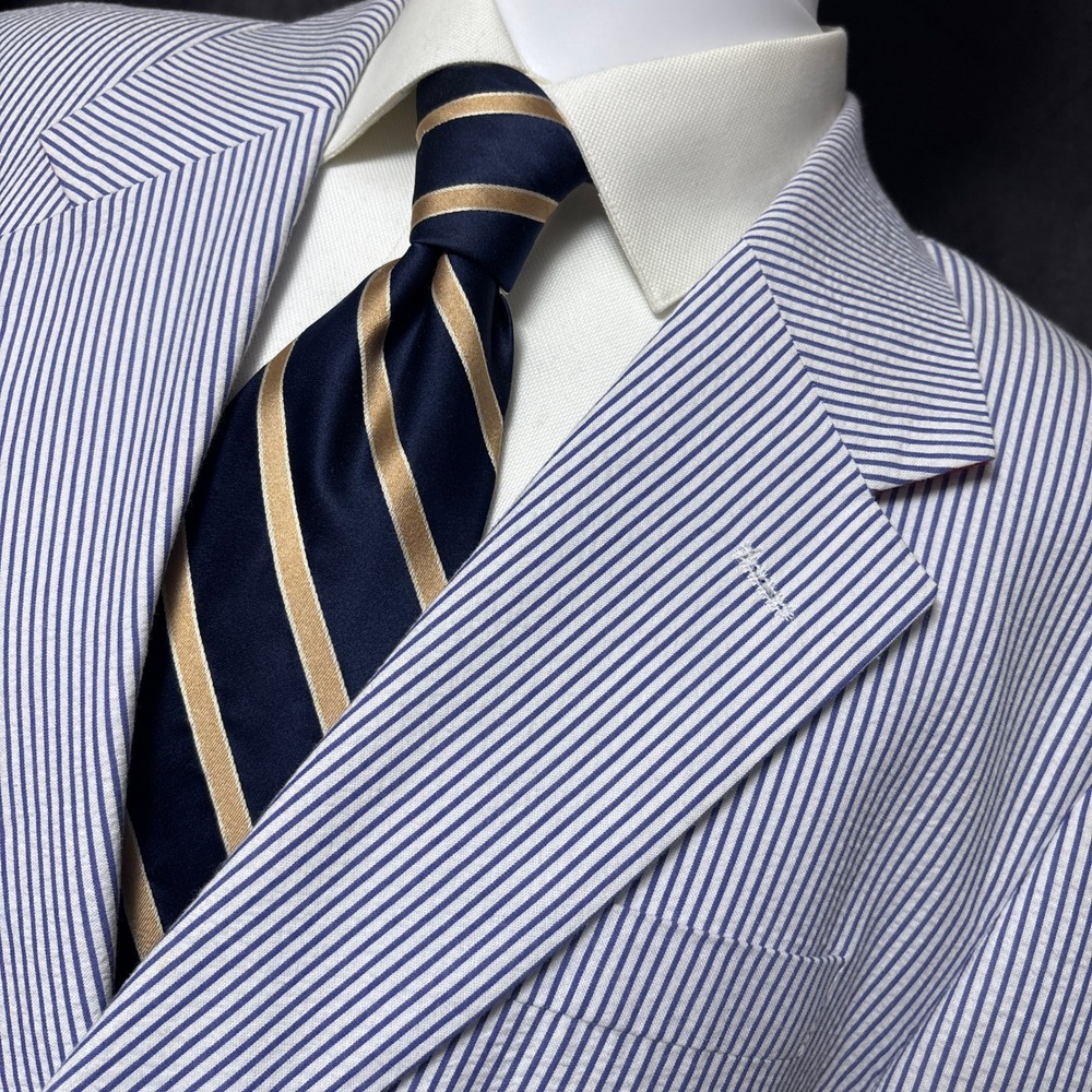 Alan Flusser Sport Coat 48R Blue Cotton Seersucker Blazer Jacket Summer Classic